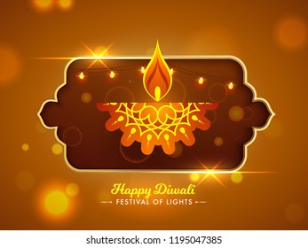 Kreativ geschnittenes Papier, beleuchtete Öllampe auf braunem, unscharfem Hintergrund. Herzlichen Glückwunsch Diwali Grußkartendesign.