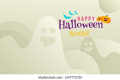 Creative Paper cut style poster design for Halloween. bright ghosts, Colorful text, bat and pumpkin. 