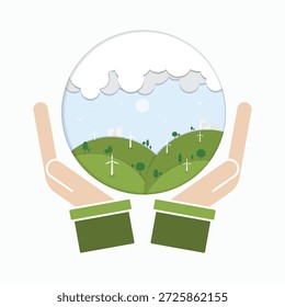 Um papel criativo corte estilo ilustração vetorial representando a conservação ambiental, energia renovável, e sustentabilidade. Duas mãos segurando uma paisagem circular com colinas verdes, turbinas eólicas e um céu claro, simbolizando a proteção do planeta e o futuro da energia verde.
