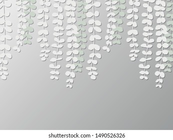 Creative paper cut white tropical leaves on Gradient background. Minimal summer exotic concept with copy space. Border arrangement. Paper art