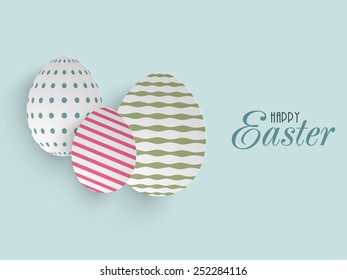 Creative paper eggs on blue background for Happy Easter celebration.