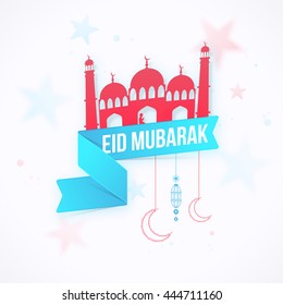Creative Paper Mosque with Ribbon on stars decorated background for Muslim Community Holy Festival, Eid Mubarak celebration.