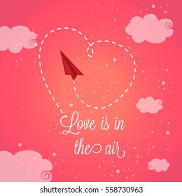 Creative paper plane flying and leaving behind a heart shaped trail on cloudy background for Happy Valentine's Day celebration.