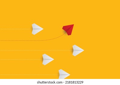 Creative paper planes on yellow background. Leadership and success concept.group of white paper planes in one direction and one red paper plane pointing in different way. Vector Illustration