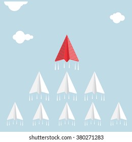 Creative paper rocket sign and white cloud on blue sky. Business and leadership concept, teamwork sign. Vector illustration