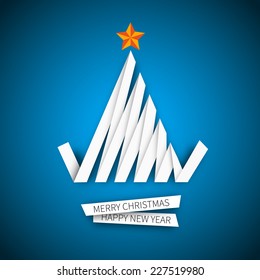 Creative paper stripe Christmas tree on blue background. Vector Illustration. original new year card