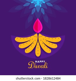 Creative Paper Style Lit Oil Lamp (Diya) on Purple Background for Happy Diwali Celebration.