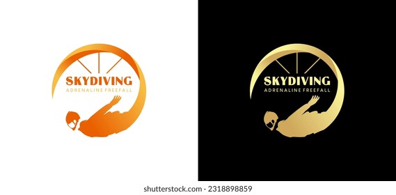 Creative parachute freefalling person silhouette vector illustration, skydiving sport logo design