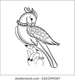 creative parrot in hand vector black and white clip art illustration line art. beautiful vector illustration of parrot bird. Artistic line drawing duck black and white illustration with floral pattern