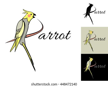Creative parrot icon isolated on white background. Abstract vector logo for your identity. Bird Corella parrot (Nymphicus) sitting on the branch design element. Vector illustration