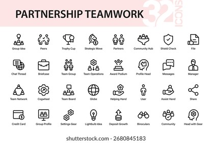 Pacote de ícones de trabalho em equipe de parceria criativa. Coleção de contorno mínimo moderno profissional mostrando unidade de grupo e projetos de colaboração.