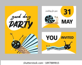 Creative party invitation designs with cute insects. Modern yellow invitations with moth, centipede and snail. Celebration and fauna concept. Template for leaflet, banner or flyer