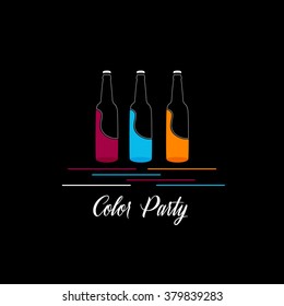 Creative party logo three colorful alcohol bottles with drink in line silhouette.
