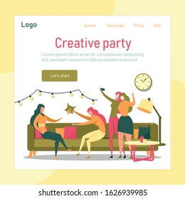 Creative Party Service and Event Organization Agency Banner with People Cartoon Characters Celebrating Holiday, Birthday or Special Occasion. Catering and Corporate Party. FLat Vector Illustration.