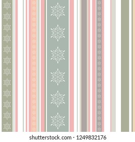 Creative pastel colored winter pattern with stripes, bars and snowflakes texture. New Year, Christmas geometrical background or texture in green, pink and orange hues