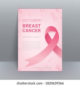 Creative pastel pink breast cancer awareness support month background with big ribbon in A4 brochure proportion