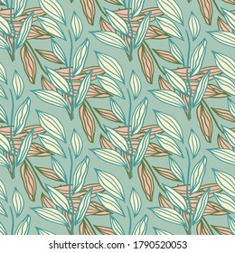 Creative pastel seamless doodle pattern with abstract contoured foliage branches. Artwork in blue and orange tones. Decorative backdrop for wallpaper, wrapping, textile print, fabric. Vector