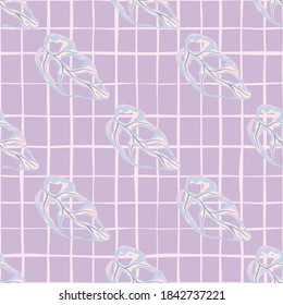 Creative pastel seamless pattern with diagonal monstera elements. Lilac chequered background. Nature print. Perfect for fabric design, textile print, wrapping, cover. Vector illustration