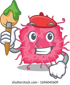 A creative pathogenic bacteria artist mascot design style paint with a brush