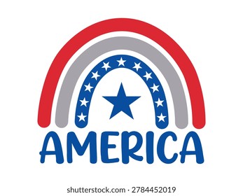A creative patriotic America typography vector illustration featuring a rainbow-style arch in red, white, and blue colors with decorative stars and bold lettering. This modern USA-themed design is perfect for Independence Day celebrations, patriotic t-shirts, greeting cards, social media graphics, posters, event banners, and holiday branding. The playful and minimal style creates a trendy Americana aesthetic suitable for both digital and print projects.