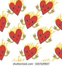 Creative pattern burning red heart with hands on white background. Fire and love concept. Vector illustration for Valentines day, poster, banner, web, design element, sticker.