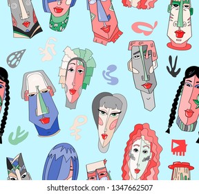 Creative pattern. Colored heads of men and women. Used in printing packaging, clothing design, notepads, linens