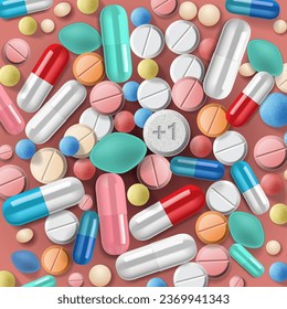Creative pattern of colorful pills and capsules. Minimal medical concept. Pharmaceutical. Flat lay, top view, vector illustration
