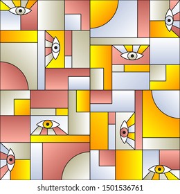 Creative pattern with eyes in geometric shapes grid scandinavian fashion retro textile print. Modern background design. Open eyes bauhaus geometric seamless pattern. Interior vector design.
