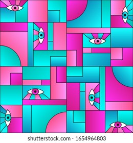 Creative pattern with eyes in geometric shapes grid scandinavian fashion retro textile print. Decorative modules illustration. Open eyes bauhaus geometric seamless pattern. Interior vector design.