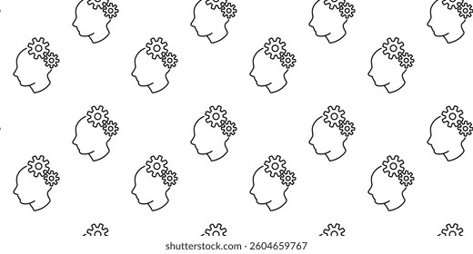 Creative pattern featuring line art heads and gears illustrating innovation and thinking