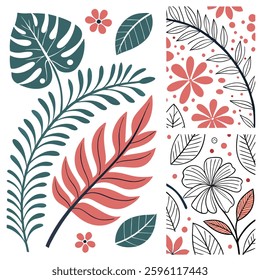 A creative pattern featuring stylized green and coral floral and leaf designs, with intricate details and vibrant shapes, perfect for backgrounds, textiles, or decorative art projects.