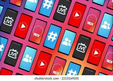 Creative pattern with the image of smartphones in the style of the most popular media Smartphones with symbols and icons in the style of social networks. EPS10. Vector illustration