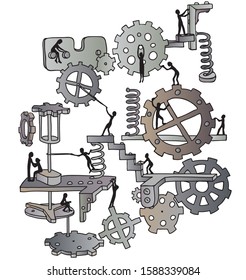 Creative pattern made of steel and metallic gears on white background with little men. Creative steampunk mechanical backdrop. Working concept. Vector illustration.