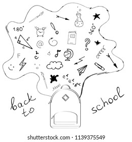 Creative pattern of school supplies and funny items with lettering on white background, vector hand draw illustration