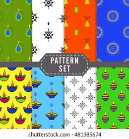 Creative pattern set decorated with illuminated oil lamps, firecrackers and floral design for Indian Festival of Lights, Happy Diwali celebration.