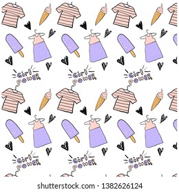 Creative pattern with t-shirt, dress, ice-cream. Tempura freehand design for print, card, poster, texture. 
