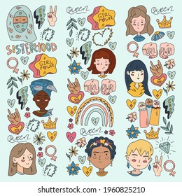 Creative pattern with vector woman. Group of african and indian girls.