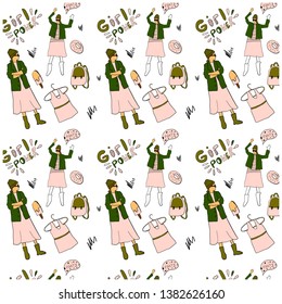 Creative pattern young woman in trendy clothes, phrase - girl power. Freehand contemporary doodle hand drawn vector. Female flat cartoon characters. 