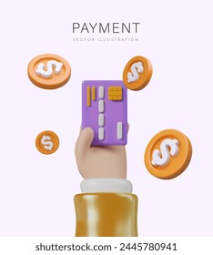 Creative payment concept. Cash back. Realistic hand holds out credit card, coins float in air