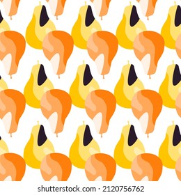 Creative pears seamless pattern. Abstract summer fruit background. Repeated texture in doodle style for fabric, wrapping paper, wallpaper, tissue. Vector illustration.