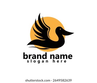 creative pelican logo, pelican flying across the sun logo design template