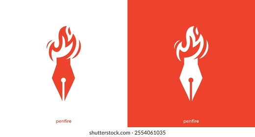 Creative Pen Fire Logo Design. Pen Writer and Fire Icon Graphic. Hot Writer Logo Design Template.