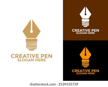 Vetor de design de logotipo Creative Pen, caneta com modelo de design de logotipo de lâmpada