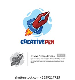 Creative Pen logo template with a pen shape that collaborate with rocket shape, cartoon style, and a colorful style.