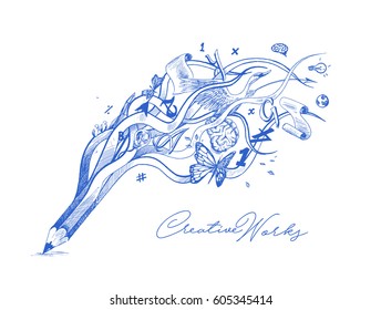 Creative pencil design illustration concept for creative process - Hand Drawn Sketch Vector illustration.