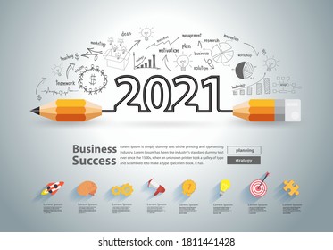 Creative Pencil Design On Drawing Charts Graphs Business Success Strategy Plan Ideas Concept, New Year 2021 Calendar Cover, Vector Illustration Modern Layout Template Design