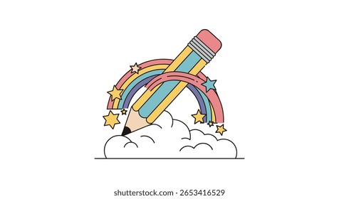 Creative pencil drawing through a rainbow archway among stars and clouds inspiring imagination and artistic expression