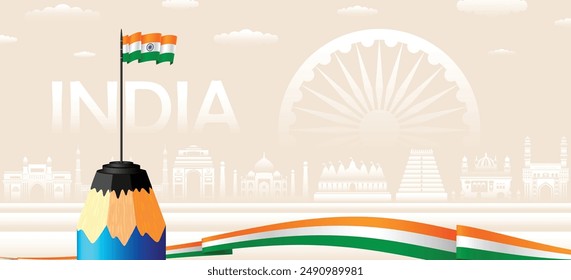 Creative pencil flag pole vector illustration of Indian national days, events and festivals.