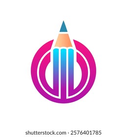 Creative Pencil Logo Icon Design Concept. Color pencil inside a stylishly designed circle composed of multiple colors. Blue, magenta, and light yellow shades.