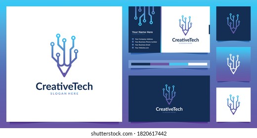 Creative pencil tech with liner style. Modern gradient logo design and business card.
